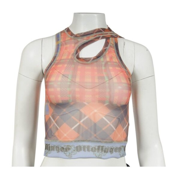 Ottolinger Womens Asymetrical Mesh Plaid Logo Top Small Orange Blue Sleeveless